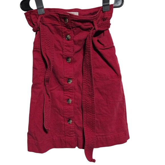 LOFT Red Denim Belted Skirt Womens Size 4 Button Front Pockets Midi Pencil - Picture 1 of 4
